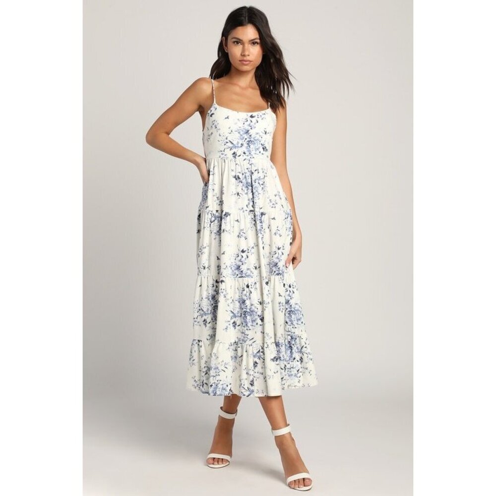 Lulus Mykonos Mood Ivory Floral Print Tie-strap Tiered Midi Dress White - Size S